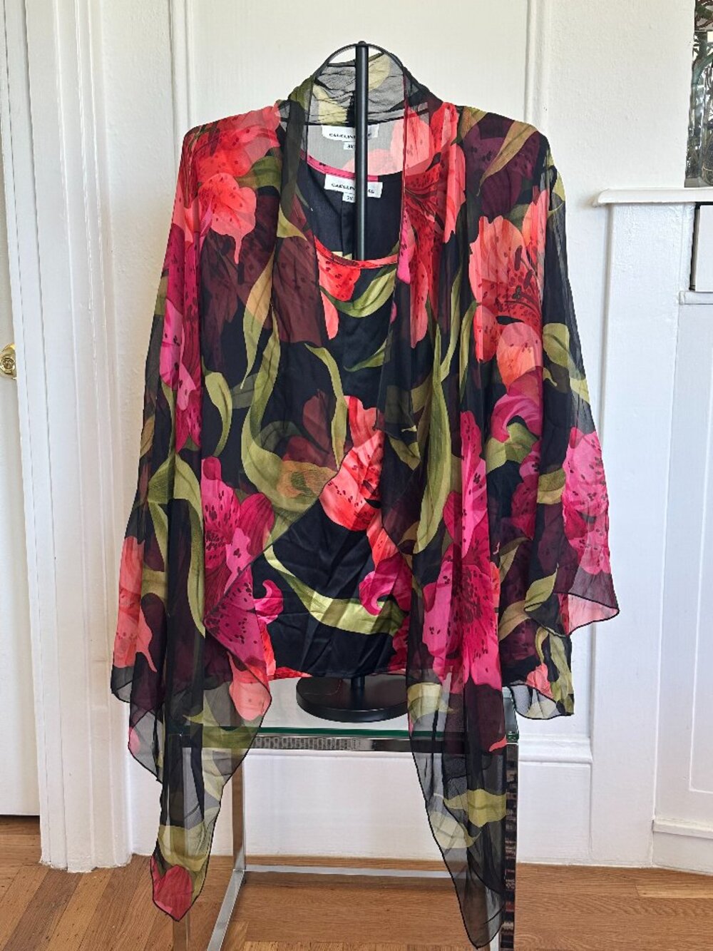 Caroline Rose 100% Silk 2-Piece Set 3X | Floral Tank + Sheer Draped Jacket